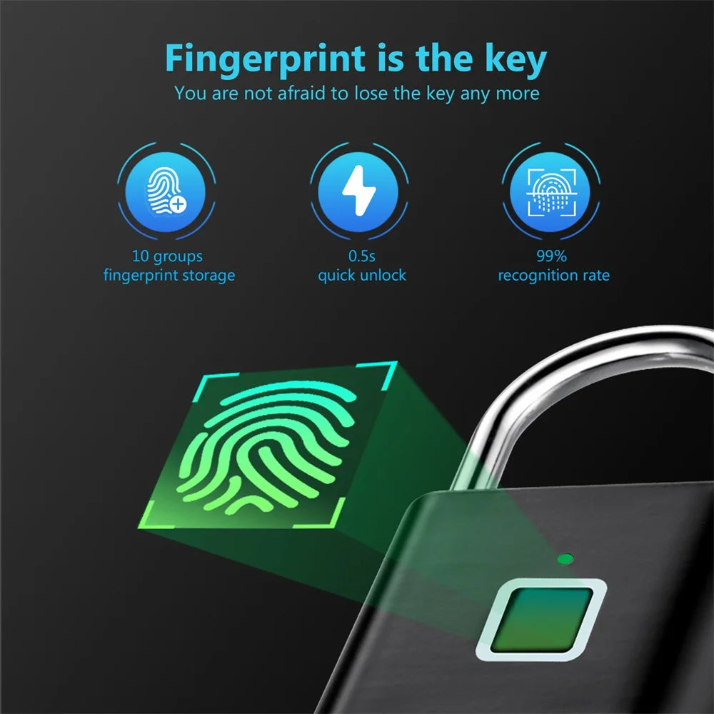 Smart Fingerprint Padlock – USB Charging, Waterproof, Keyless, Anti-Theft, 0.2s Unlock